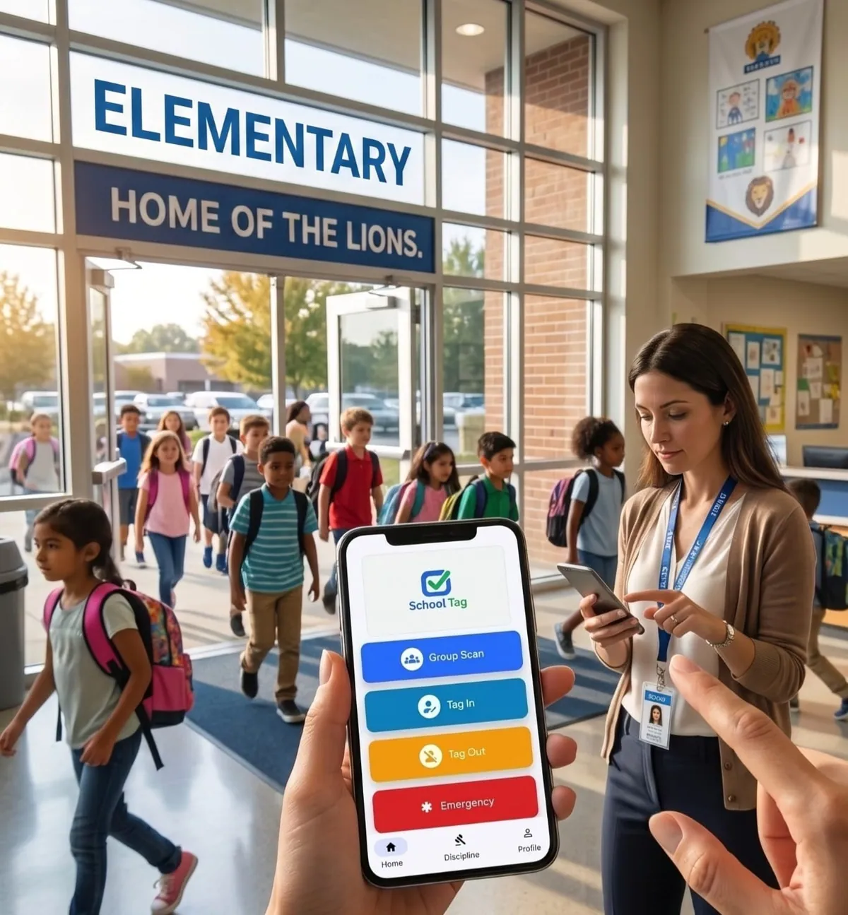 Teacher using the School Tag app to scan students arriving at school