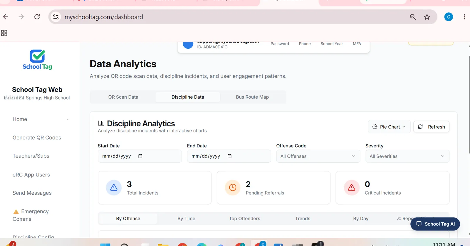 School Tag web dashboard showing Discipline Analytics with incident summary cards